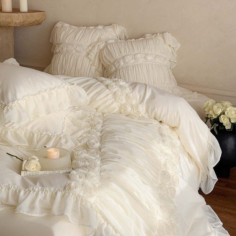 Luxurious Ruffle Bedding Set with Rose Appliqués and Volants