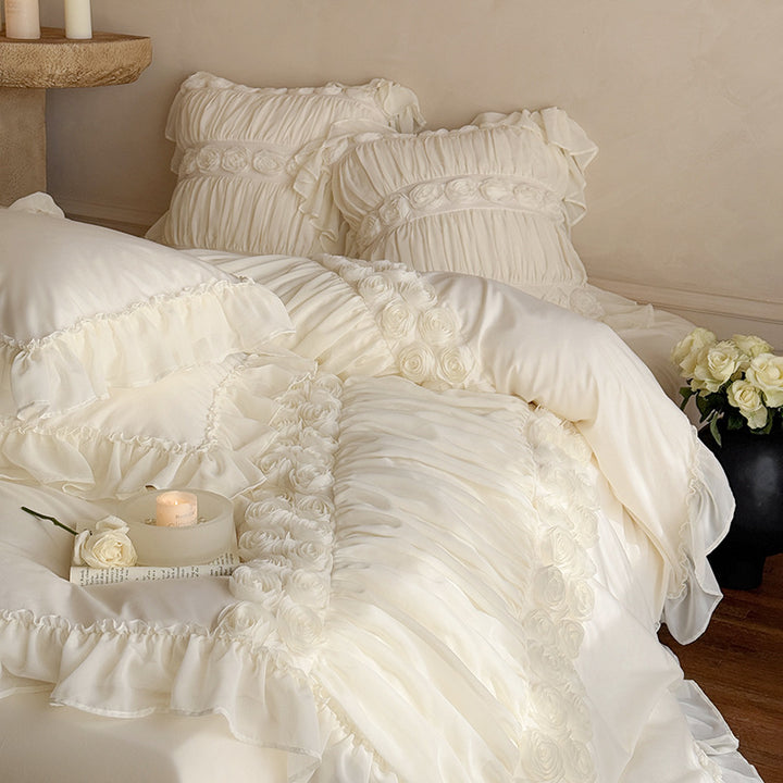 Luxurious Ruffle Bedding Set with Rose Appliqués and Volants