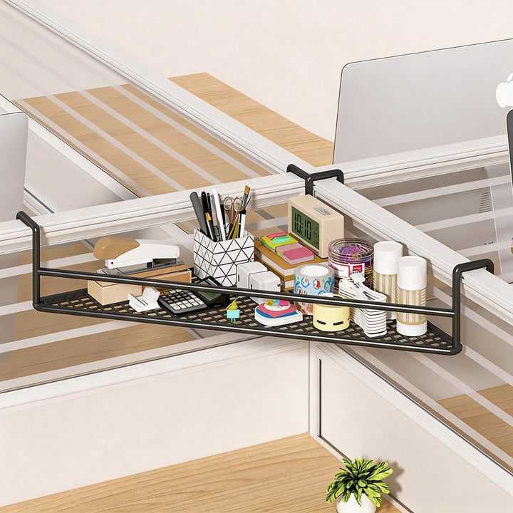 Clamp-On Mesh Desk Partition Shelf Organizer with Lattice Tray and Over-Edge Hooks