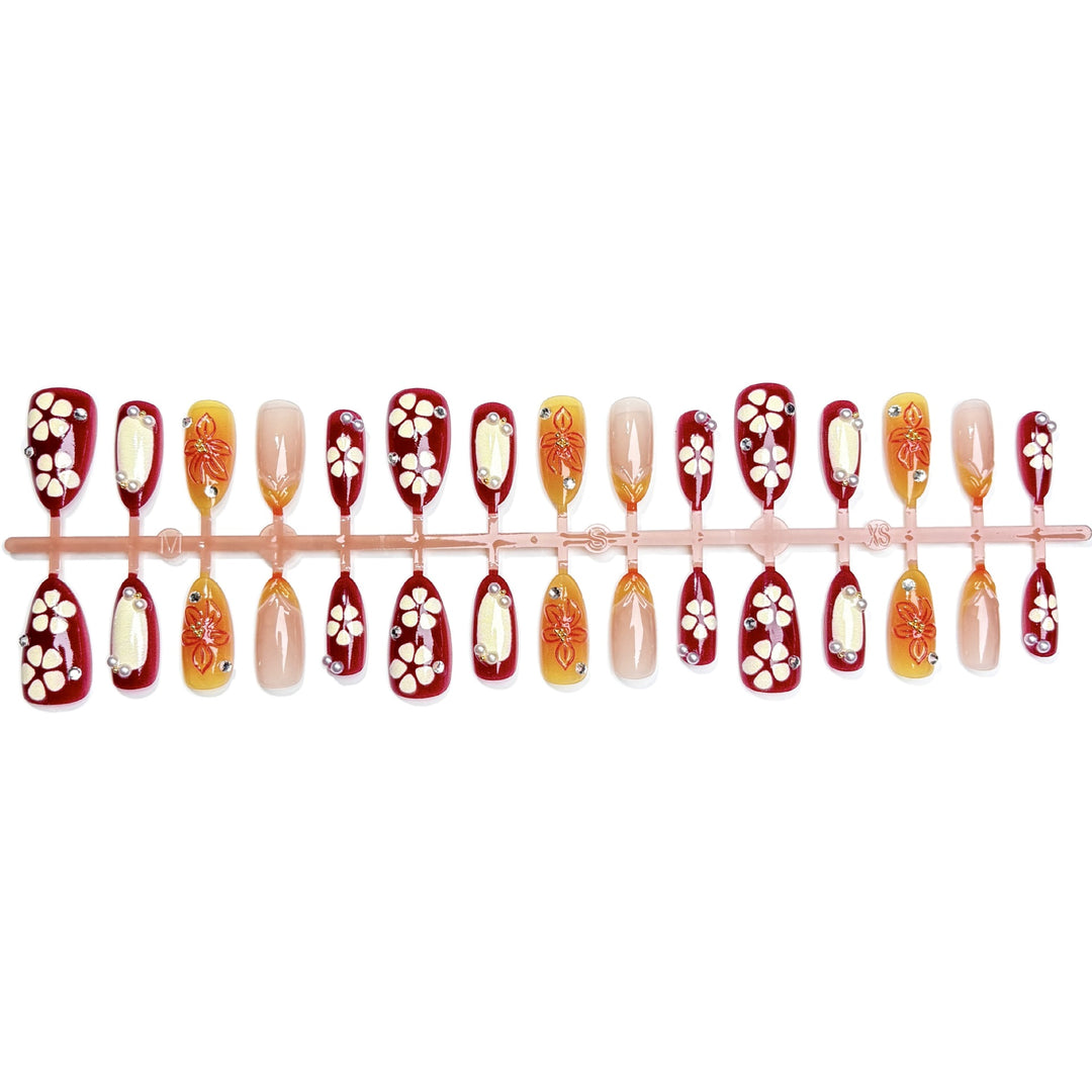 Elegant Press-On Nail Art Set with Floral and Gem Accents