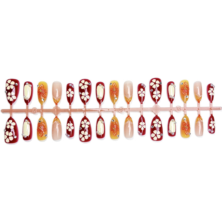 Elegant Press-On Nail Art Set with Floral and Gem Accents
