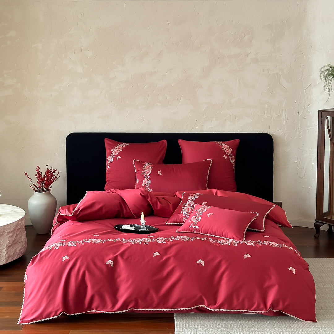 Elegant satin bedding set with fine floral embroidery and reversible design