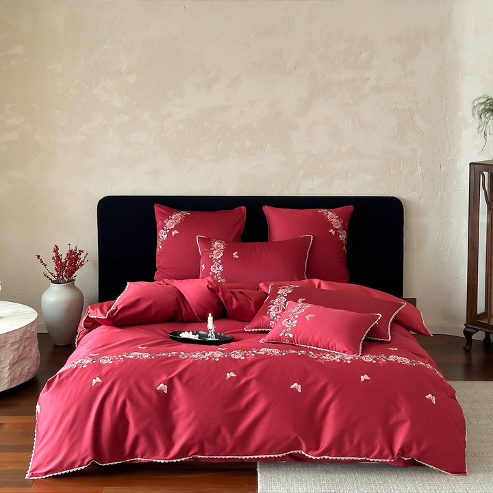 Elegant satin bedding set with fine floral embroidery and reversible design