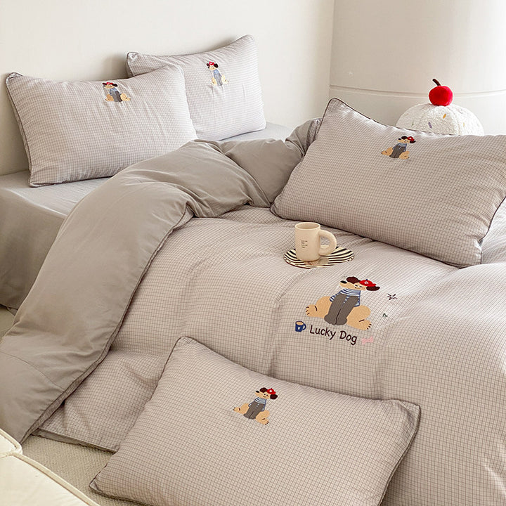 Embroidered Cotton Bedding Duvet Cover Set with Playful Lucky Dog Motif