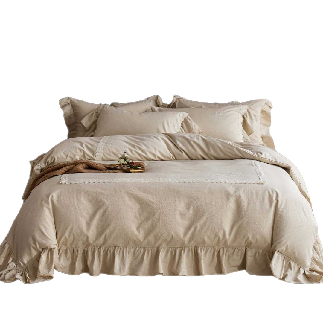 Ruffled Linen-Cotton Duvet Cover Set with Scalloped Lace Panel and Bedskirt