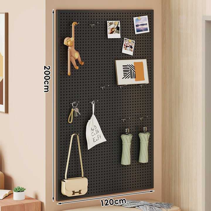 Large Vertical Perforated Wall Storage Panel with Adjustable Hooks and Accessory Mounts