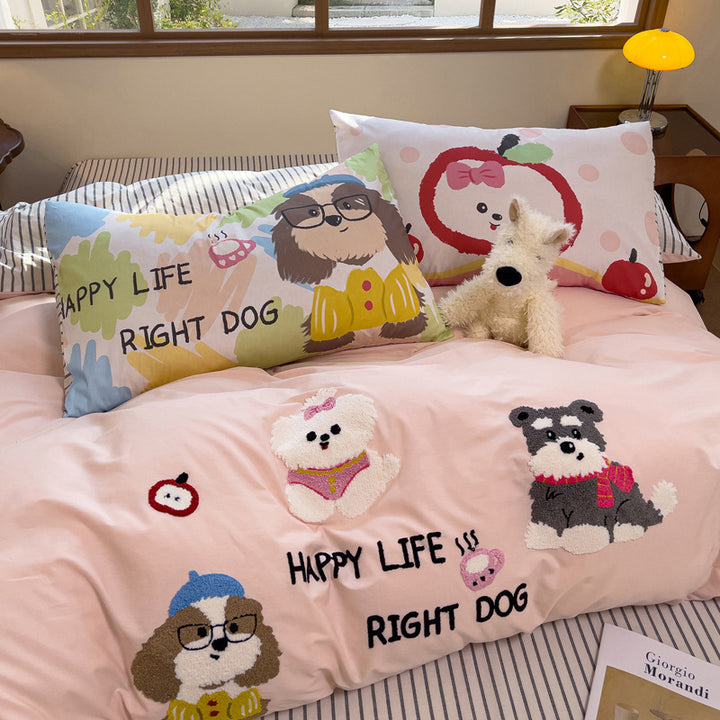 Cartoon Puppy Embroidered Cotton Duvet Cover Bedding Set with Plaid Accents