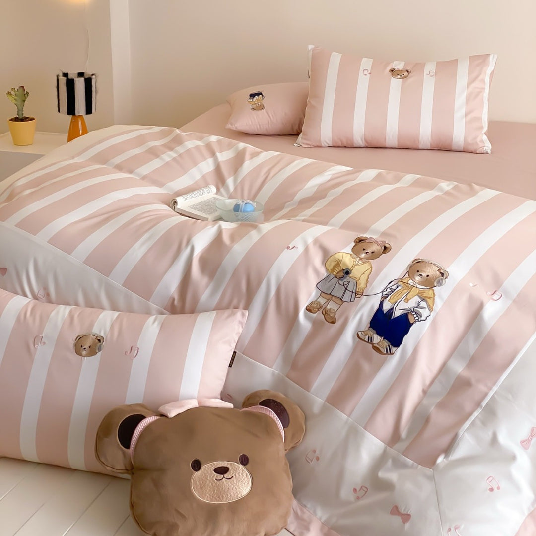 Striped Cotton-Sateen Duvet Cover Set with Embroidered Crest & Reversible Border