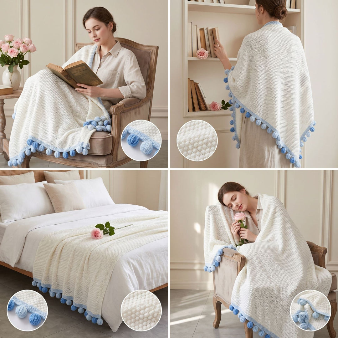 Pom-Pom Knit Throw Blanket
