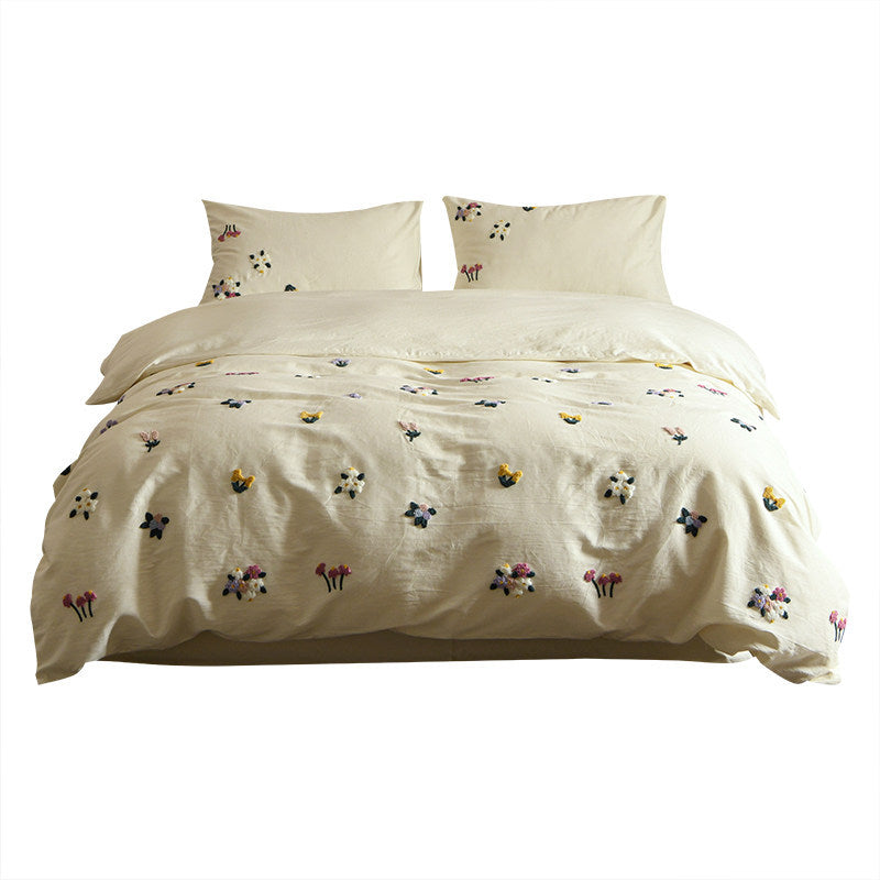 Embroidered Tufted Floral Cotton Duvet Cover Set with Pillowcases