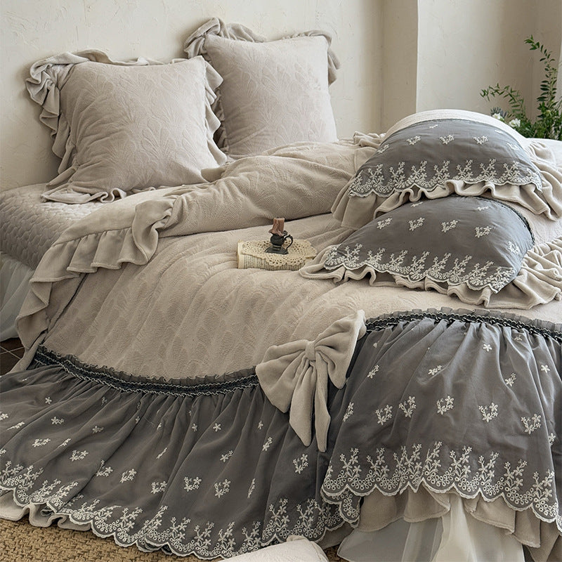 Luxury Ruffled Velvet-Jacquard Duvet Cover Set with Embroidered Lace Skirt & Bow