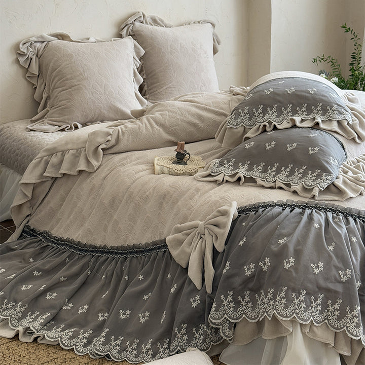 Luxury Ruffled Velvet-Jacquard Duvet Cover Set with Embroidered Lace Skirt & Bow