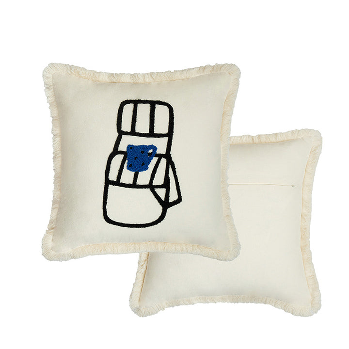 Woven decorative pillow cover with embroidered café motif and decorative fringe edge Stornfield