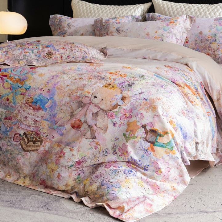 Watercolor Teddy Bear Floral Duvet Cover Set