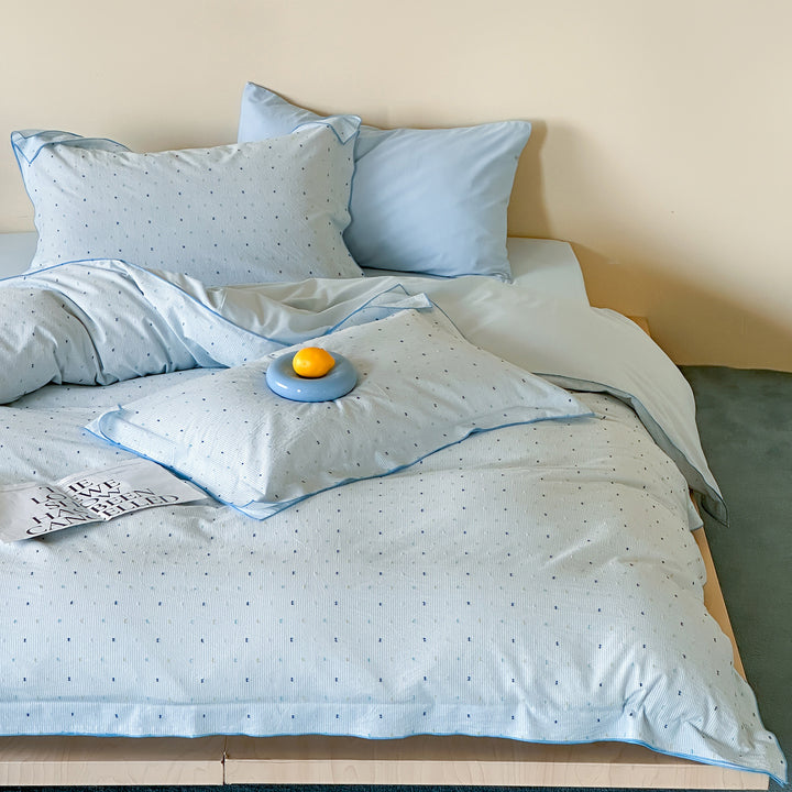 Cotton Sateen Duvet Cover Set with Micro Dot Print and Piped Shams