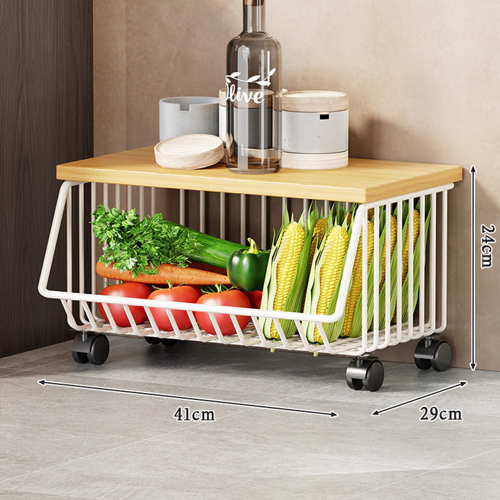 Slim Vertical Rolling Wire Produce and Pantry Organizer Cart with Wood Top