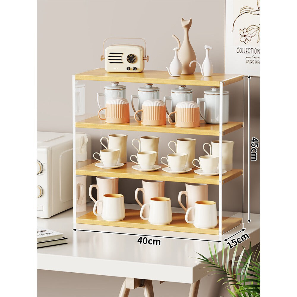 Multi-Level Bamboo-Style Countertop Kitchen Mug and Canister Organizer Shelf with Open Wood Shelves and Slim Metal Frame