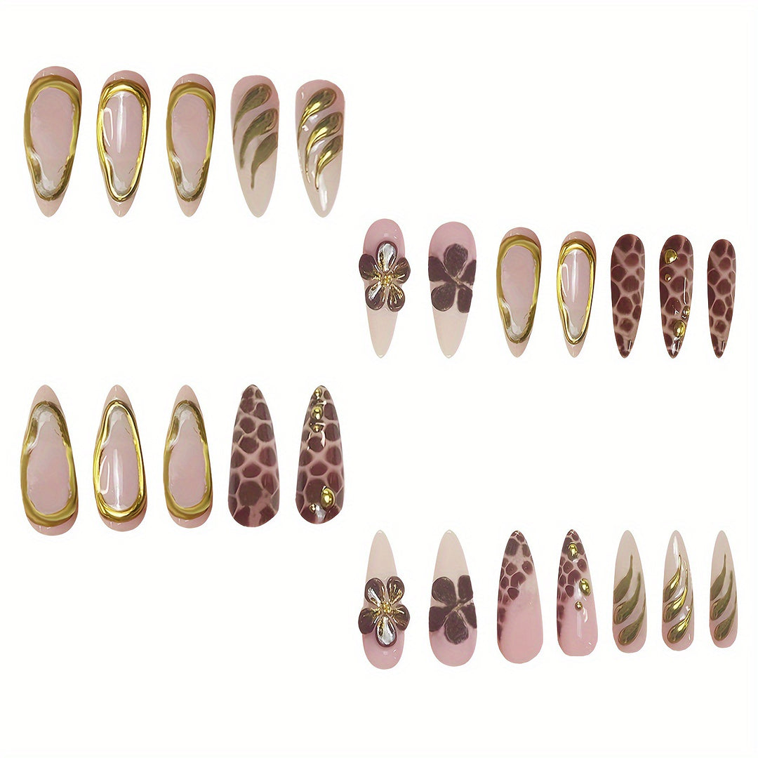 Artistic Press-On Nail Set with 3D Floral Accents Stornfield