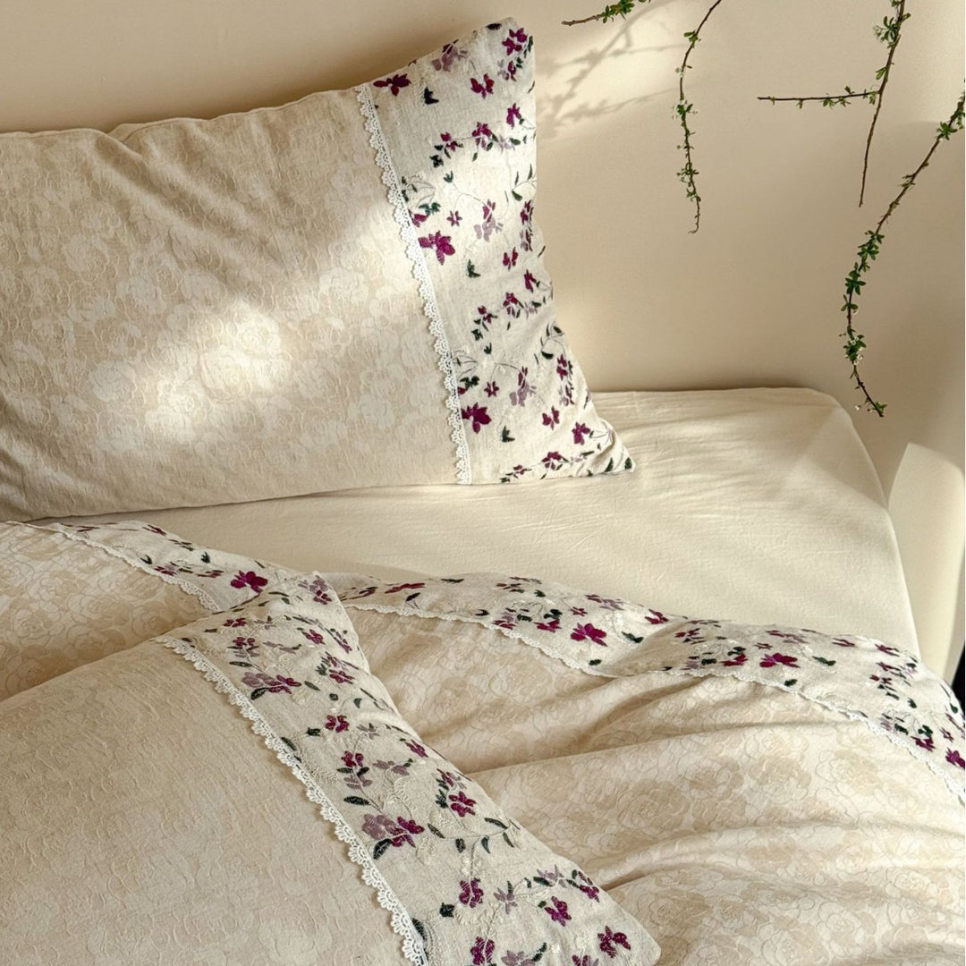 Botanical Embroidered Linen-Blend Duvet Cover & Sham Set with Scalloped Lace Border