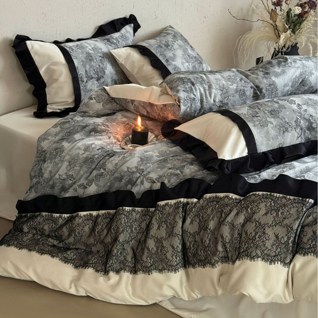 Elegant Satin-Blend Duvet Cover Set with Ruffle Trim, Lace Appliqué Band & Reversible Botanical Print Pillow Shams