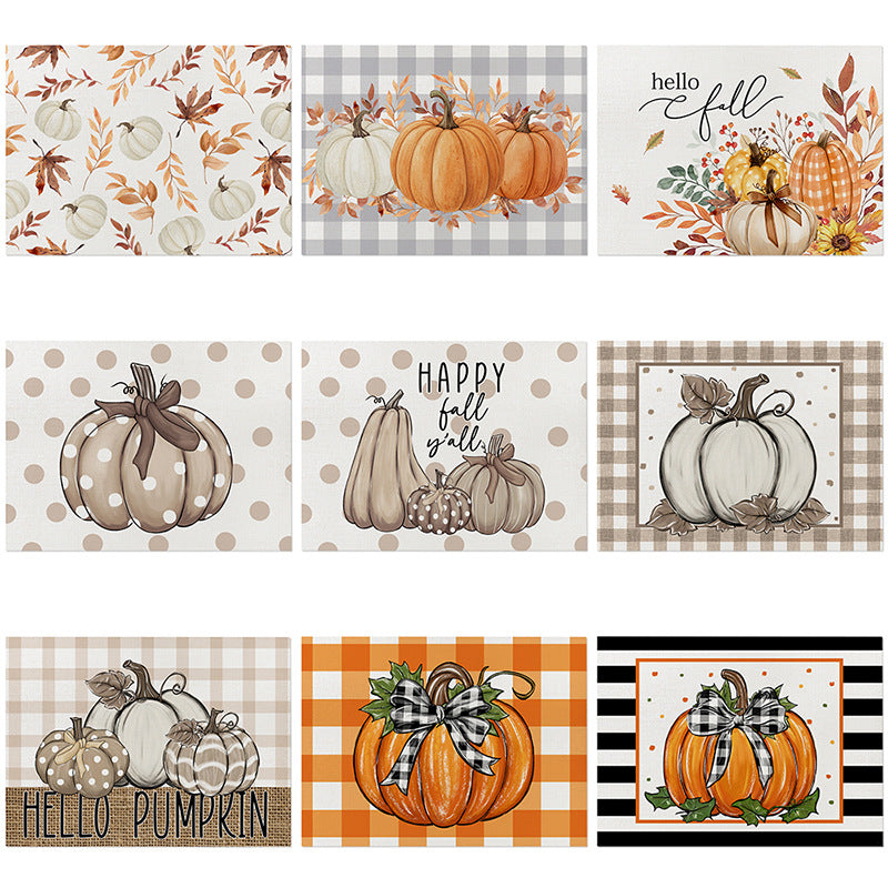 Rectangular Linen-Texture Table Placemat with Watercolor White Pumpkin & Fall Foliage Print
