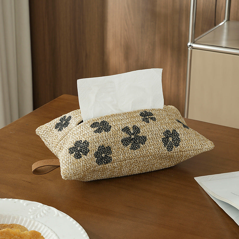 Woven tissue box cover in straw look with embroidered flower motif Stornfield