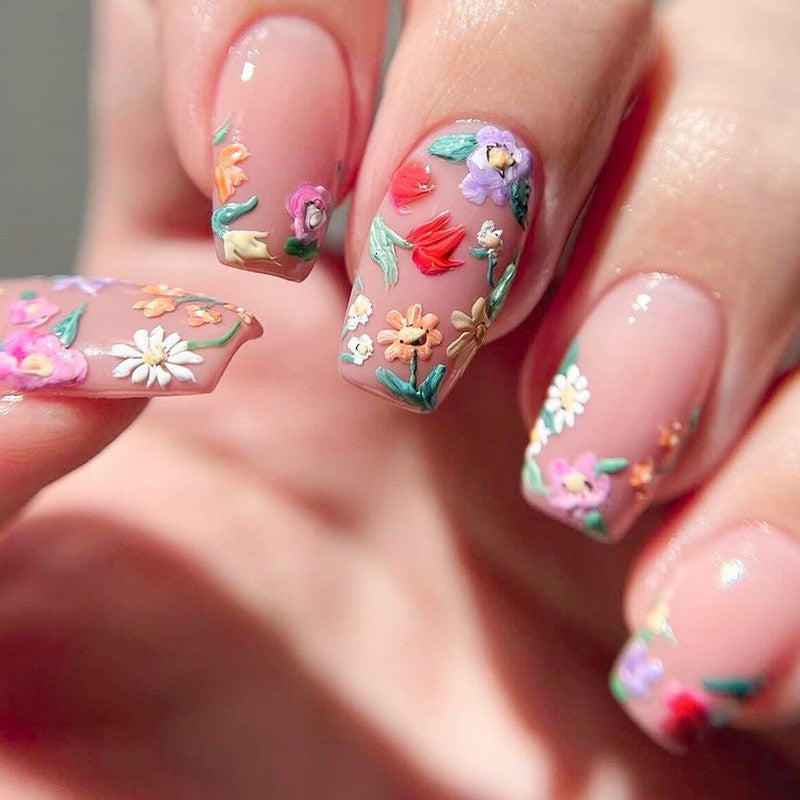 Artificial nail set with colorful flowers and creative French design Stornfield