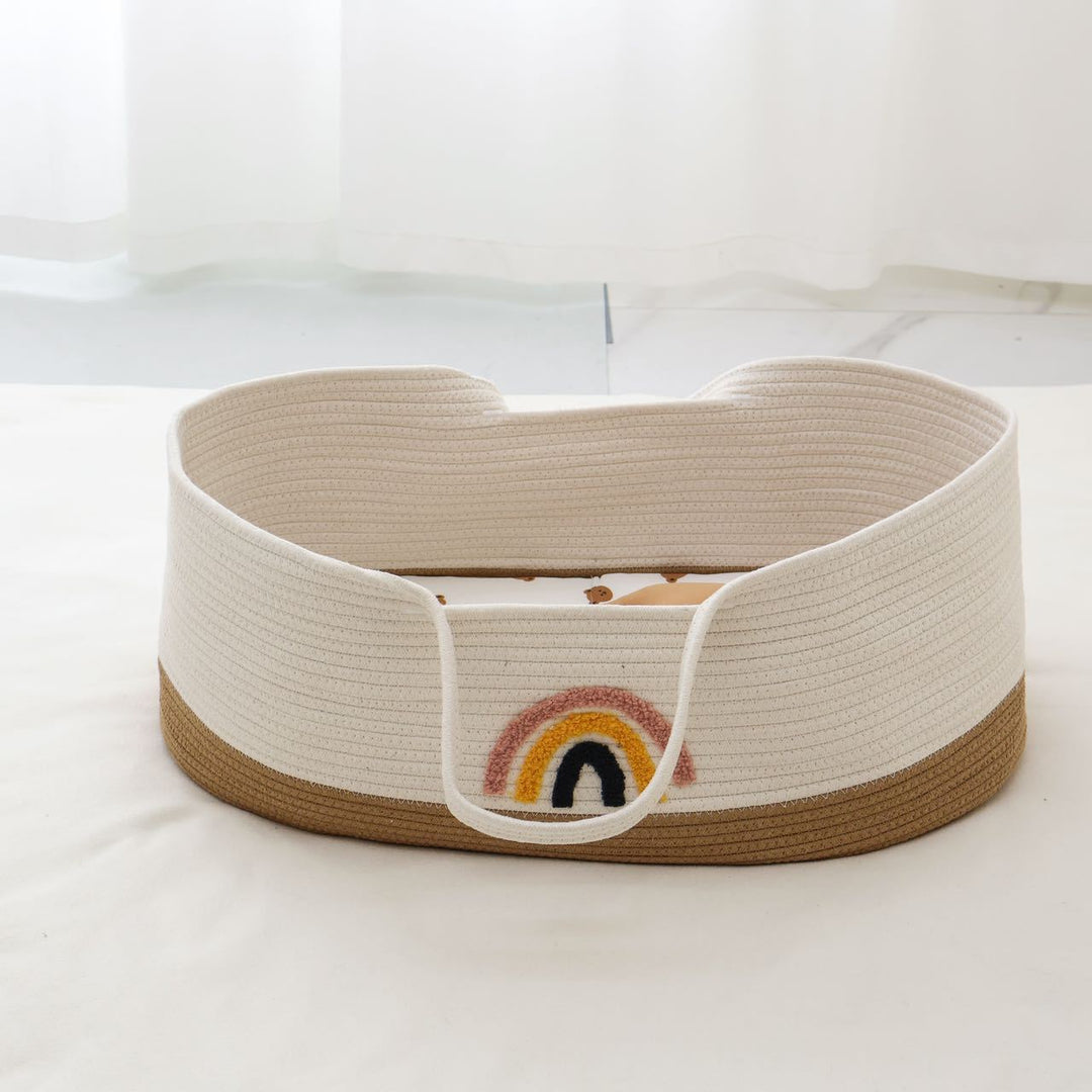Quilted Cotton Portable Baby Bassinet Nest with Embroidered Rainbow Detail