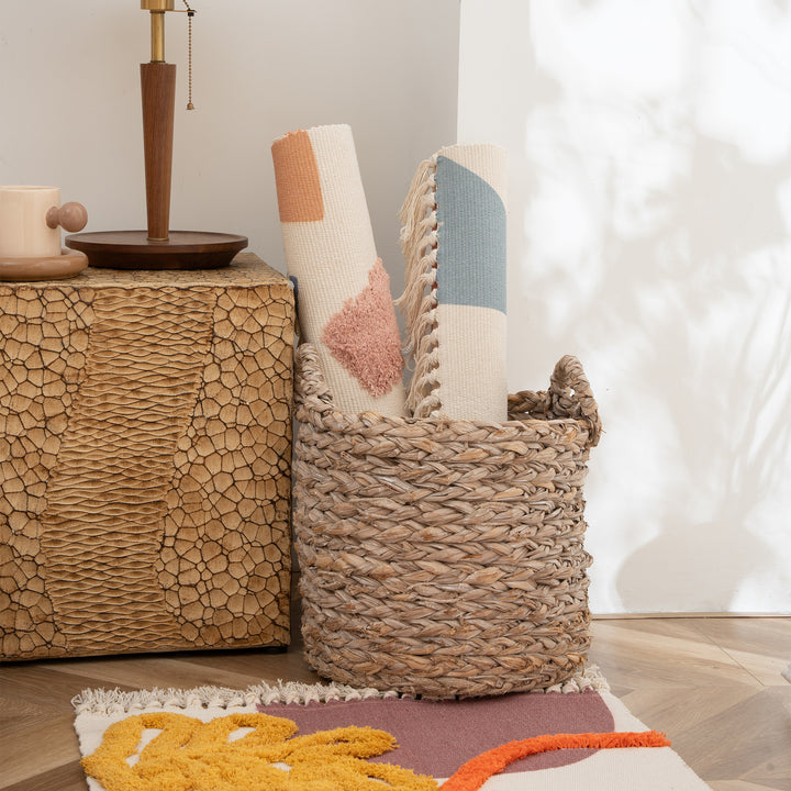 Woven runner with hand-tufted 3D applications and fringes