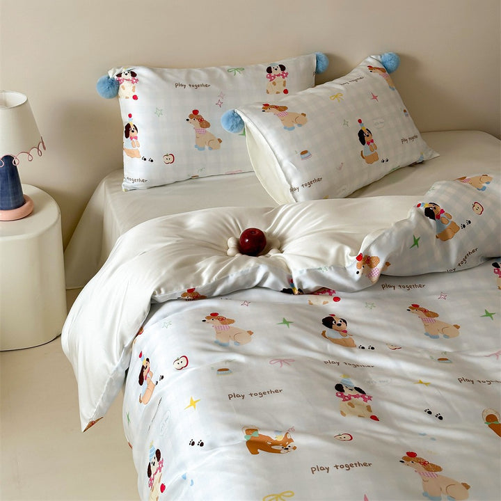 Children's bedding set with cute bunny & strawberry prints, reversible function and pom-pom cushion