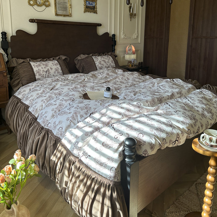 Ruffled Cotton-Blend Floral Printed Duvet Cover Set with Pillow Shams and Pleated Bed Skirt