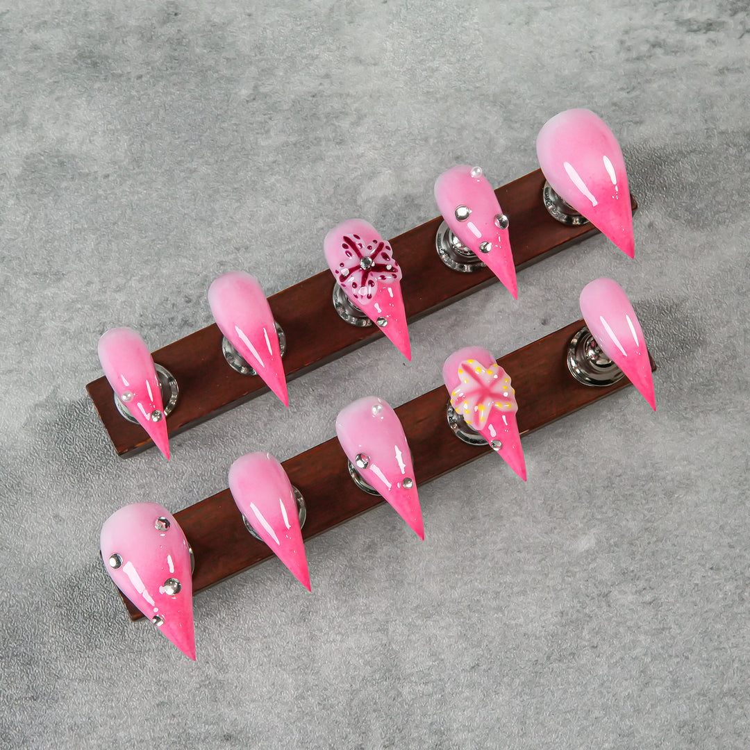 Artistic Stiletto Press-On Nails with Floral and Gem Accents