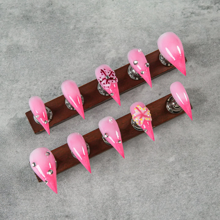 Artistic Stiletto Press-On Nails with Floral and Gem Accents