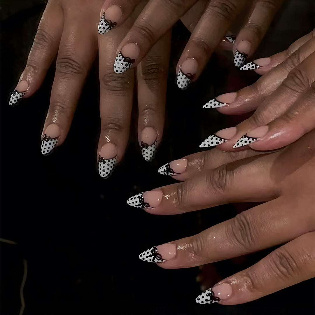 Elegant Stiletto Press-On Nails with Polka Dot Design and Bow Accents Stornfield