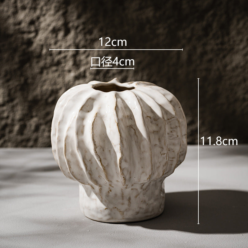 Ceramic Sculptural Ribbed Button Vase with Narrow Neck