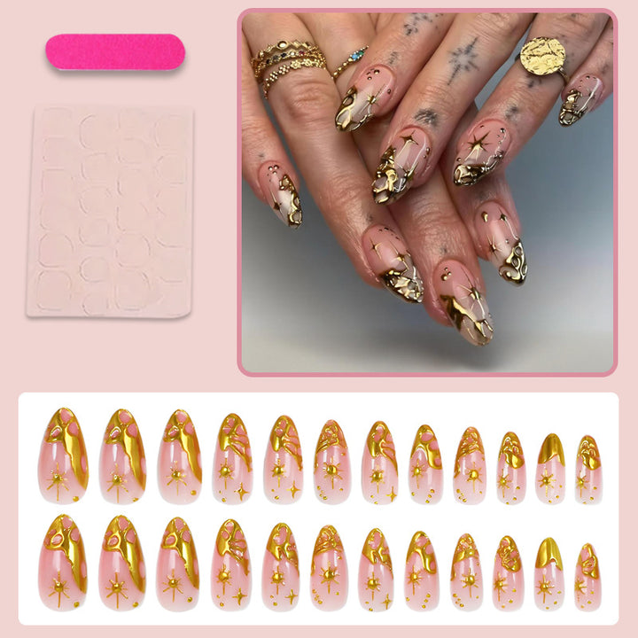 Acrylic Nail Set with Glamorous Gold Accents and Elegant Designs Stornfield
