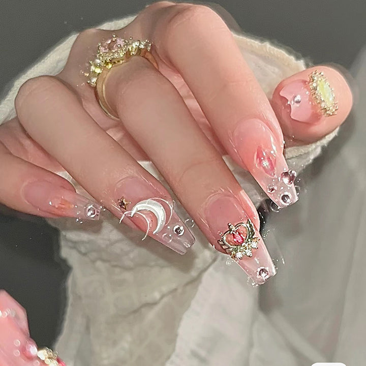 Artistic Press-On Nail Tips with Gemstone and Moon Accents Stornfield