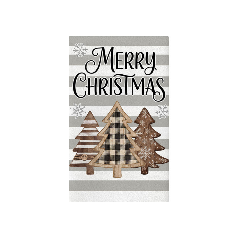 Festive Cotton-Linen Kitchen Tea Towel with Christmas Tree Print and Buffalo Check Border