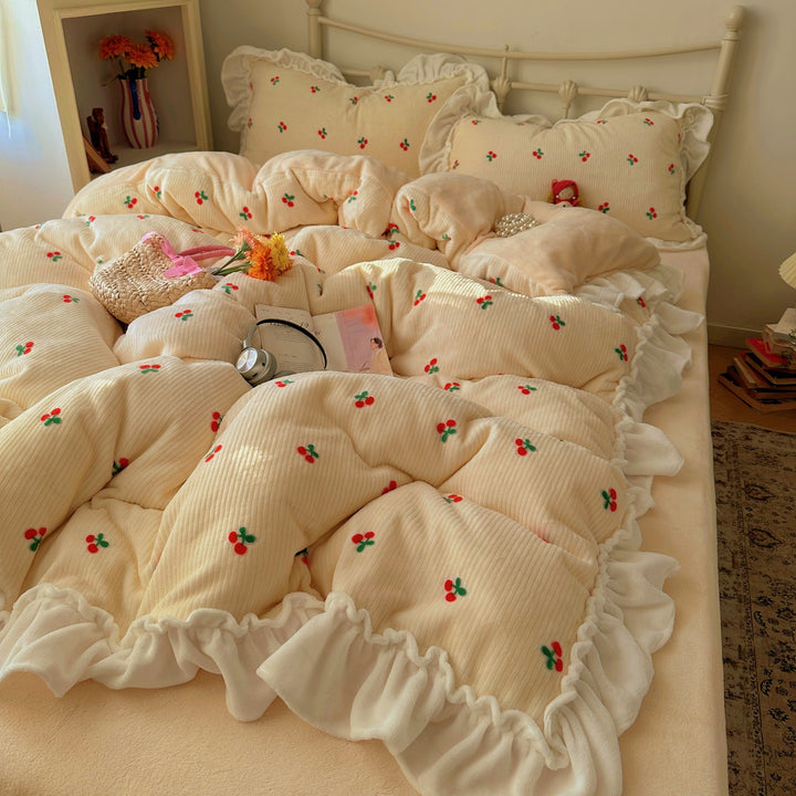 Ruffled Cherry-Print Quilted Comforter and Pillow Sham Set
