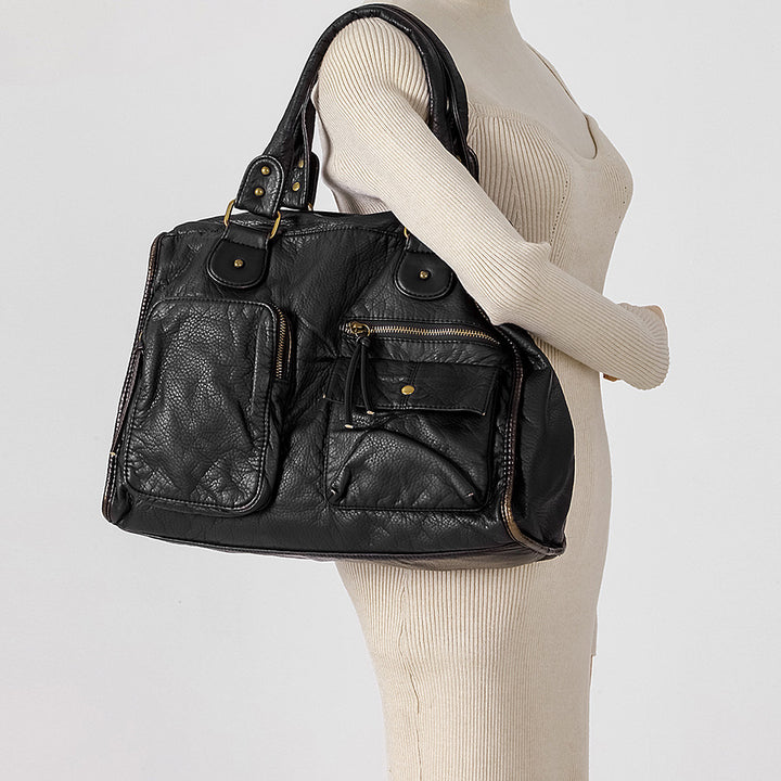 Multi-Pocket Functional Leather Handbag