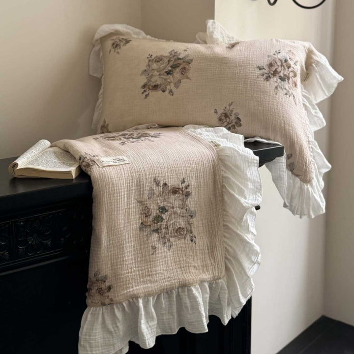 Crinkled Cotton Ruffled Duvet Cover Set with Floral Textured Finish & Frilled Shams