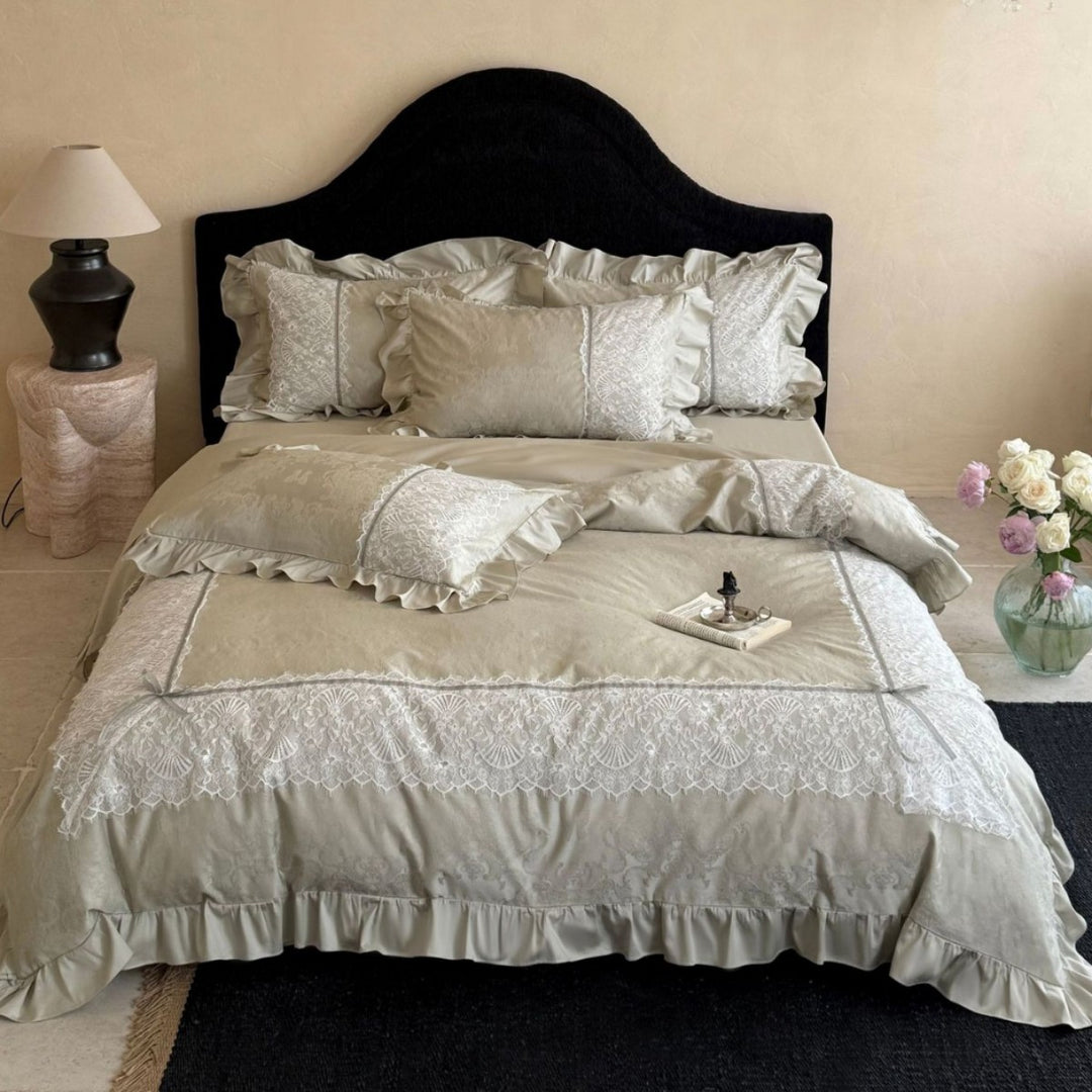 French-Style Jacquard Damask Duvet Cover Ensemble with Ruffle Hem & Lace Appliqué