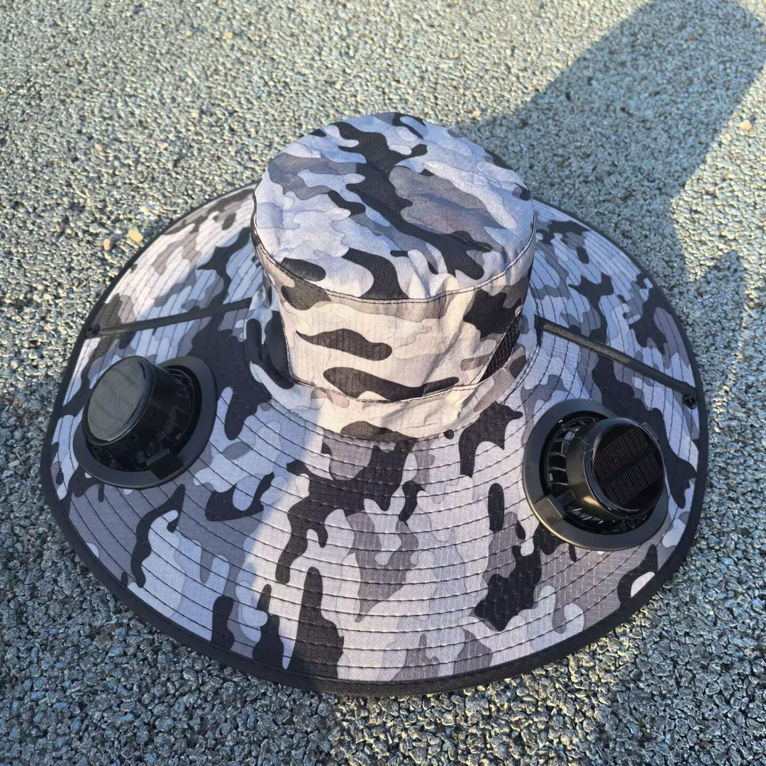Ventilated sun hat with integrated solar fans and wide brim Stornfield