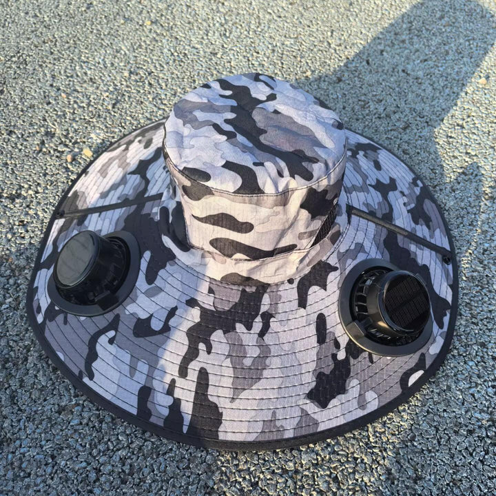 Ventilated sun hat with integrated solar fans and wide brim Stornfield
