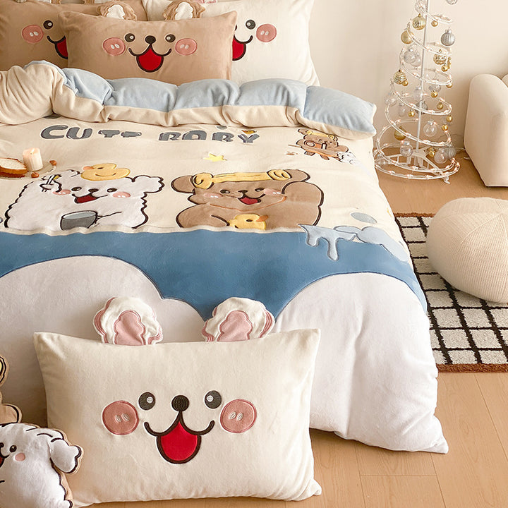 Cozy bedding set with embroidered cartoon cats and plush appliqués