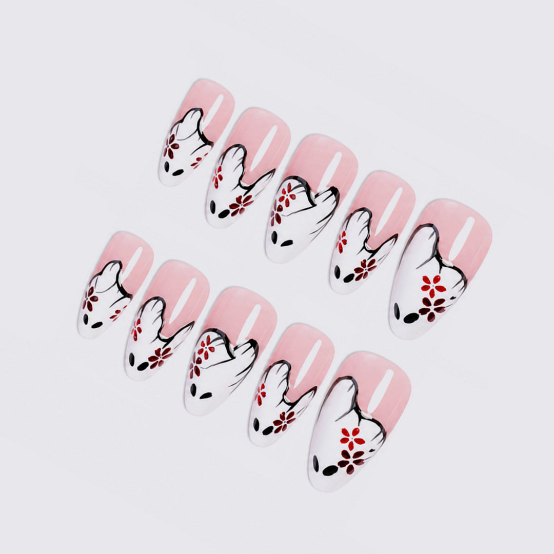 Artistic Press-On Nail Set with Floral and Ghost Design Stornfield