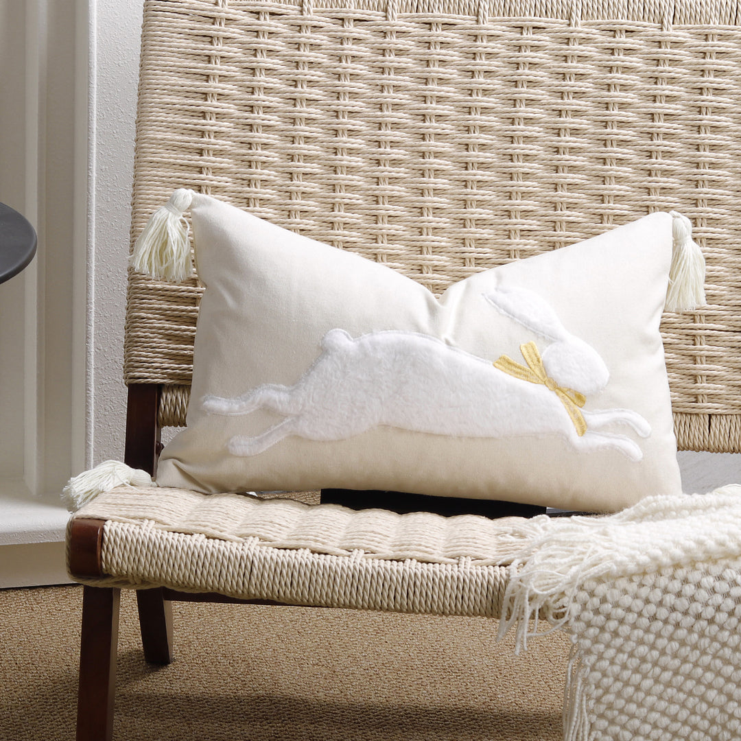 Embroidered Bunny Appliqué Tassel Lumbar Pillow Cover