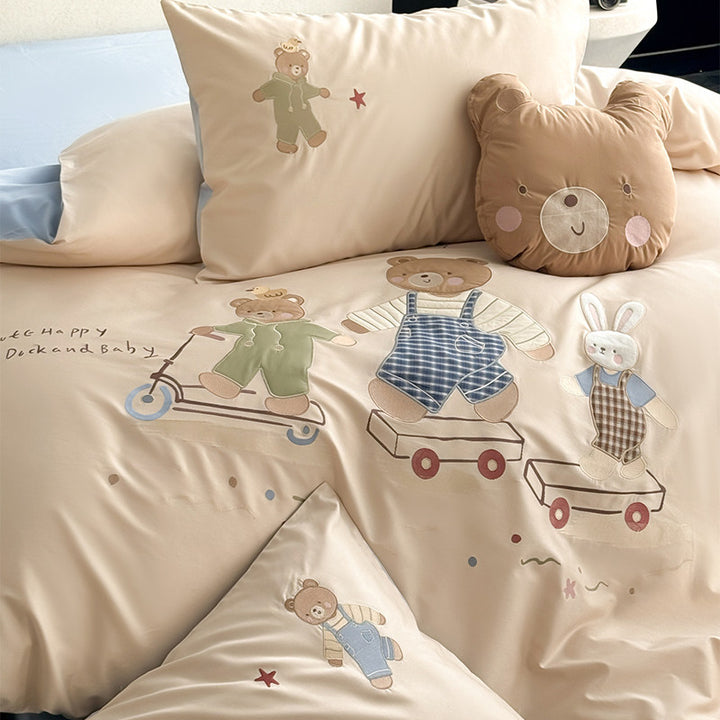 Children's Embroidered Cotton Duvet Cover Set with Playful Bear & Bunny Appliqué