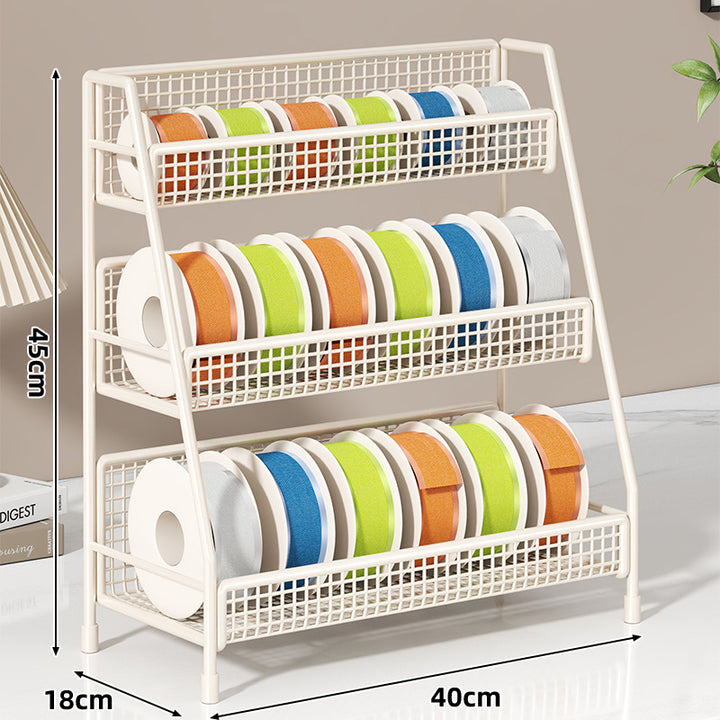 Angled Multi-Tier Spool and Tape Storage Rack with Wire Mesh Baskets