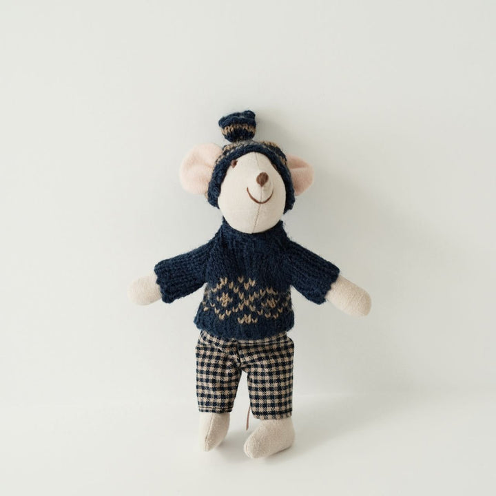Handcrafted Mouse Plush Doll with Knitted Heart Sweater Pom-Pom Beanie and Gingham Trousers